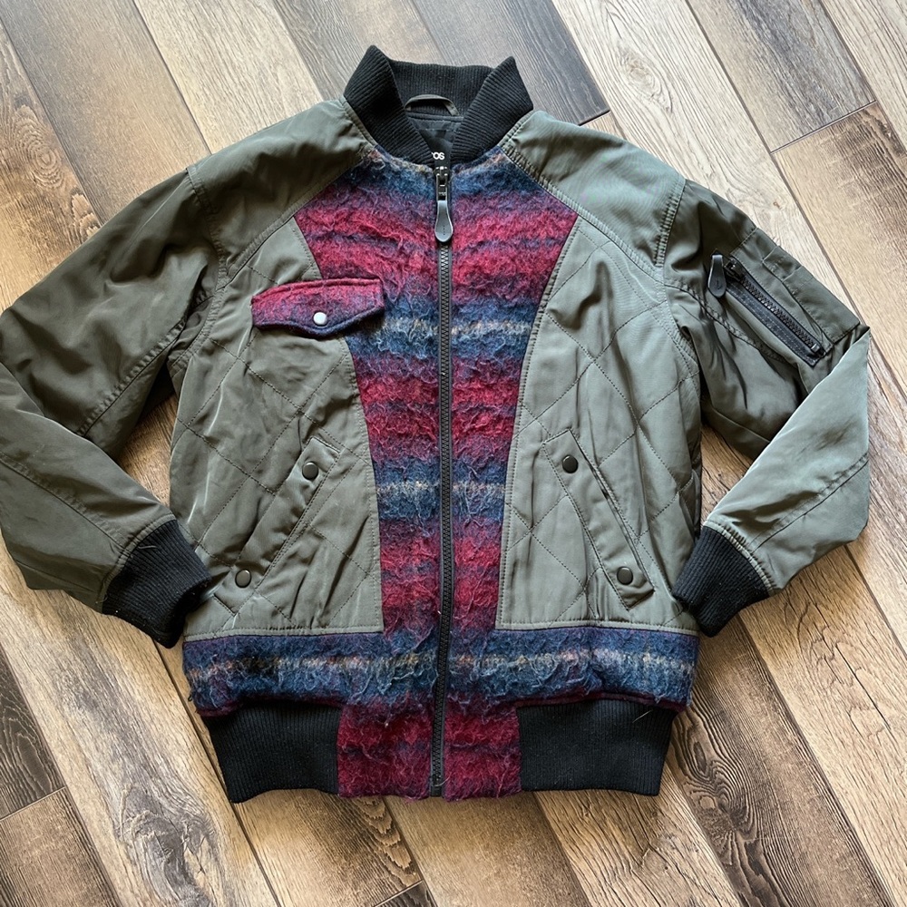 ASOS Green Bomber Jacket w Red & Navy Plaid Flannel Womens Size 4